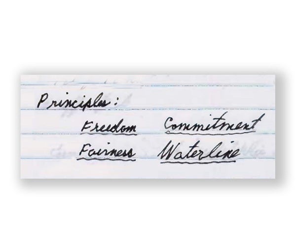 Image montrant les quatre principes de Gore : Freedom, Fairness, Commitment and Waterline (Liberté, Honnêteté, Engagement, Ligne de fottaison)