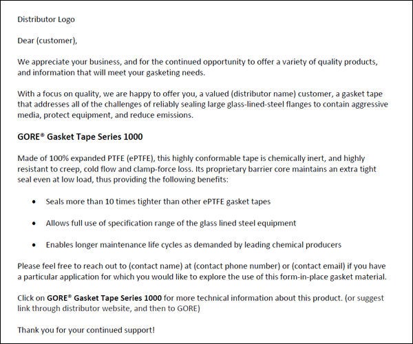 Sample Email for GORE Gasket Tape Series 1000