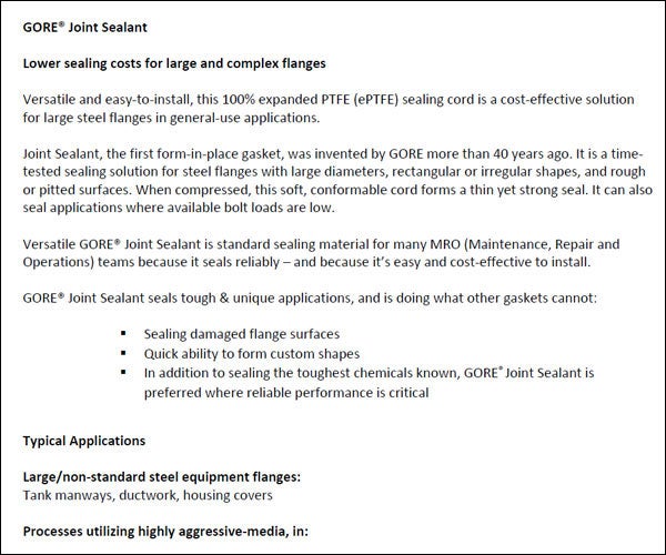 Positioning Statement for GORE Joint Sealant