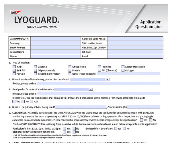 LYOGUARD Freeze-Drying Trays Application Questionnaire