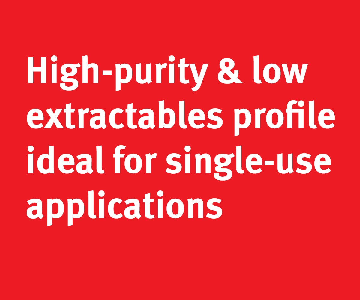 Red text box reads 'High purity & low extractables profile ideal for single-use applications"