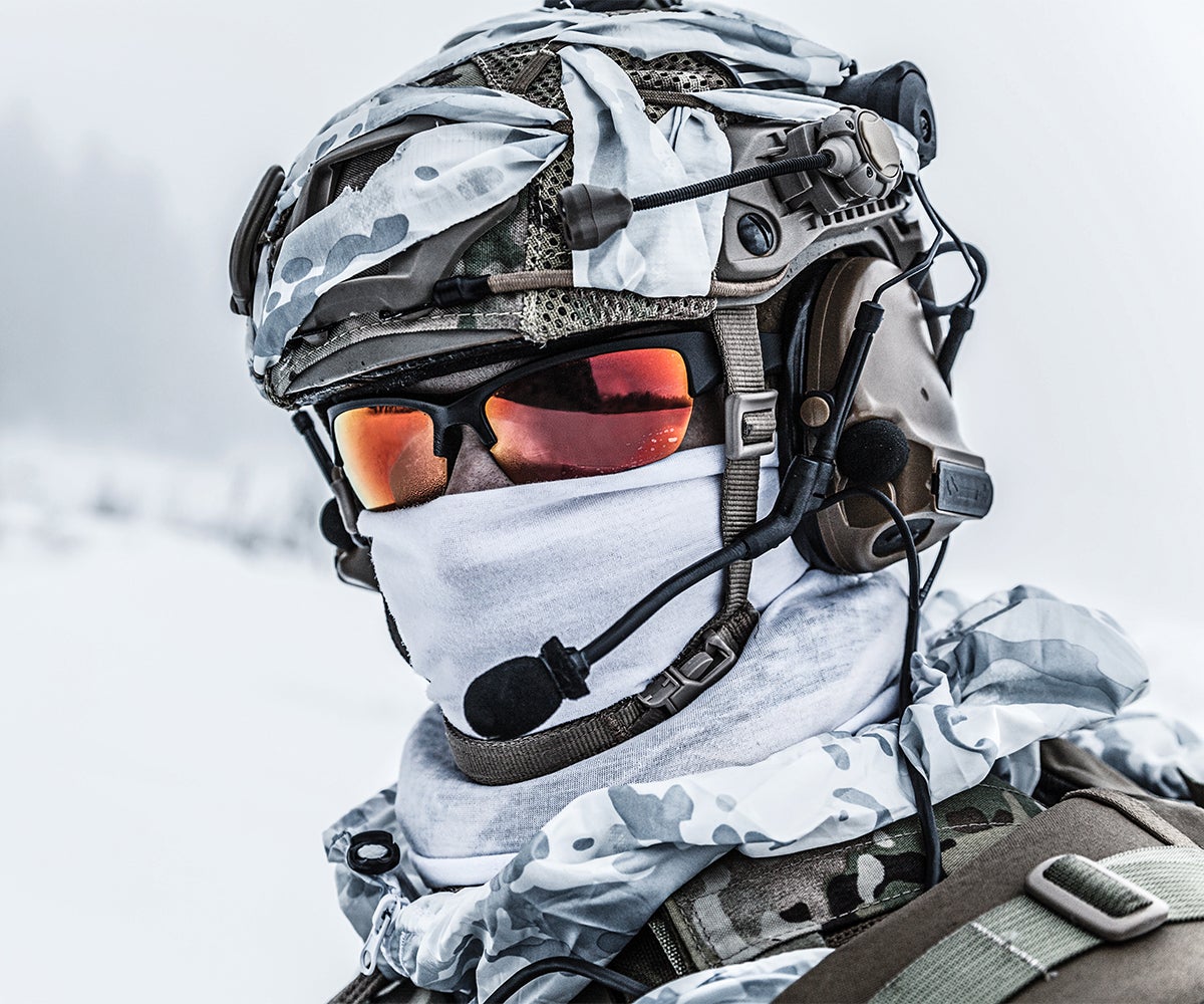 Soldier wearing cold weather gear