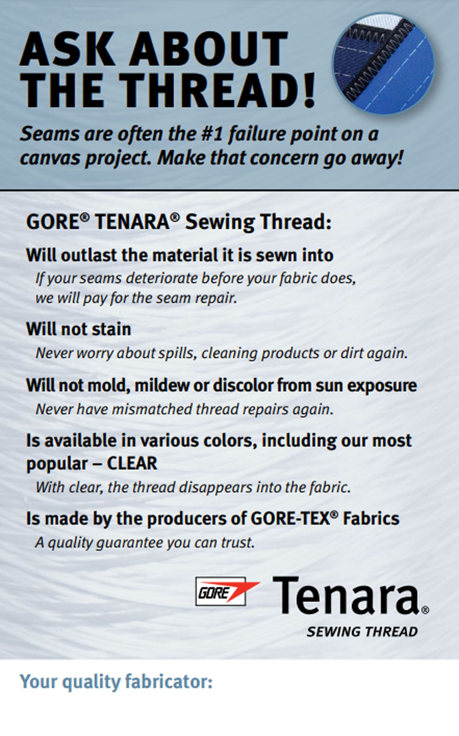 “Ask about the thread” card (Point-of-purchase)