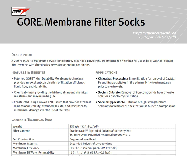 Data Sheet:  High Durability Filter Sock - Polytetrafluoroethylene Felt 830 g/m2