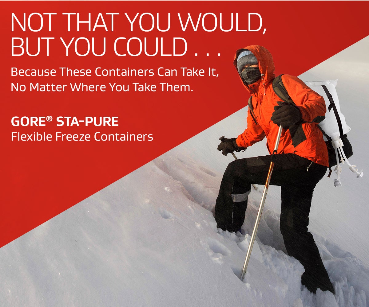 Illustration of snowmobiler in Antarctica with a GORE® STA-PURE™ Flexible Freeze Container strapped to his back.