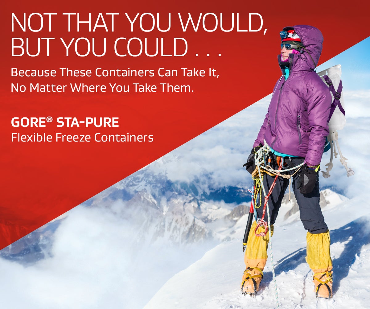 Illustration of mountain climber carrying GORE® STA-PURE™ Flexible Freeze Container on his back.