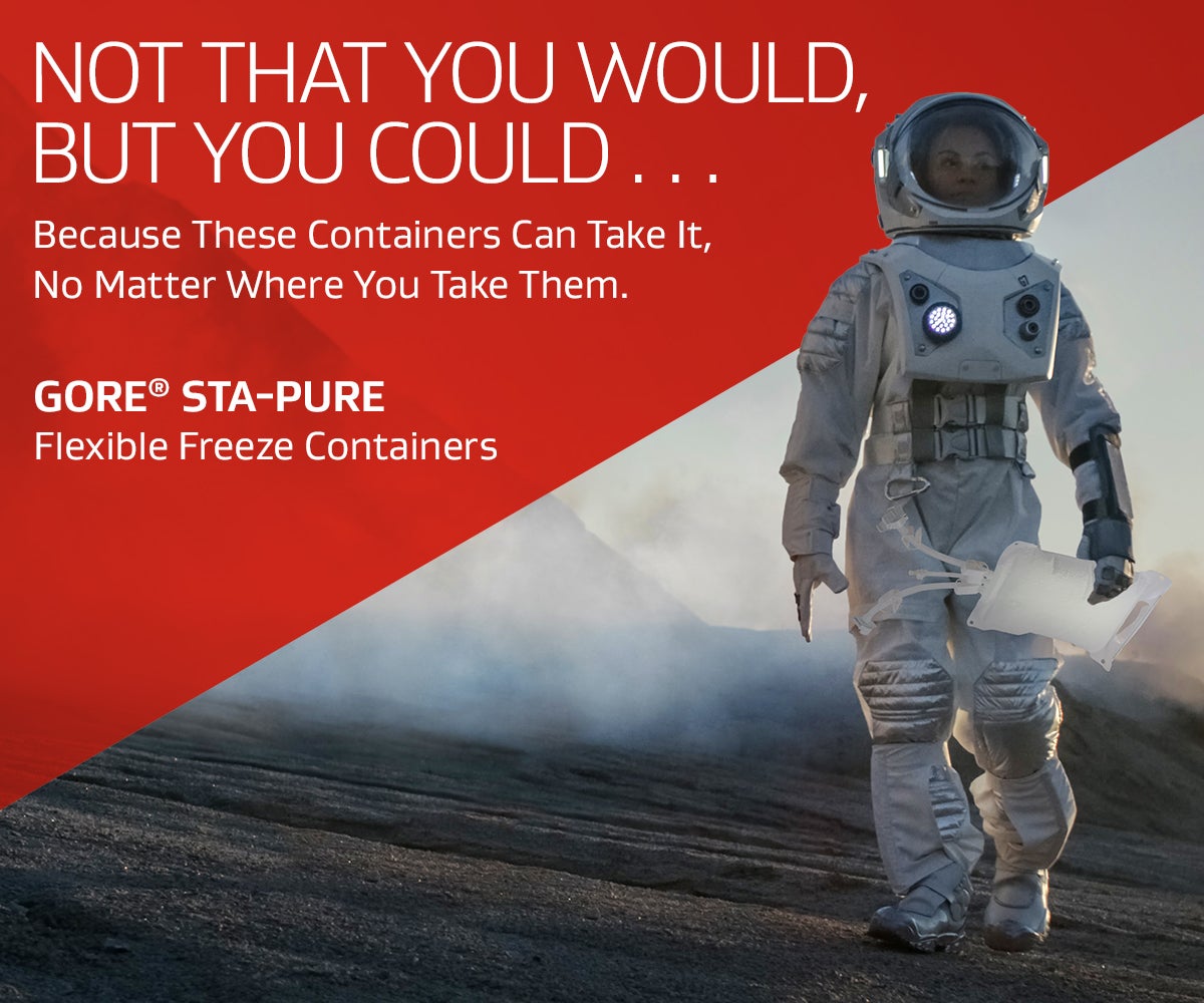 Illustration of astronaut on Mars carrying GORE® STA-PURE™ Flexible Freeze Container