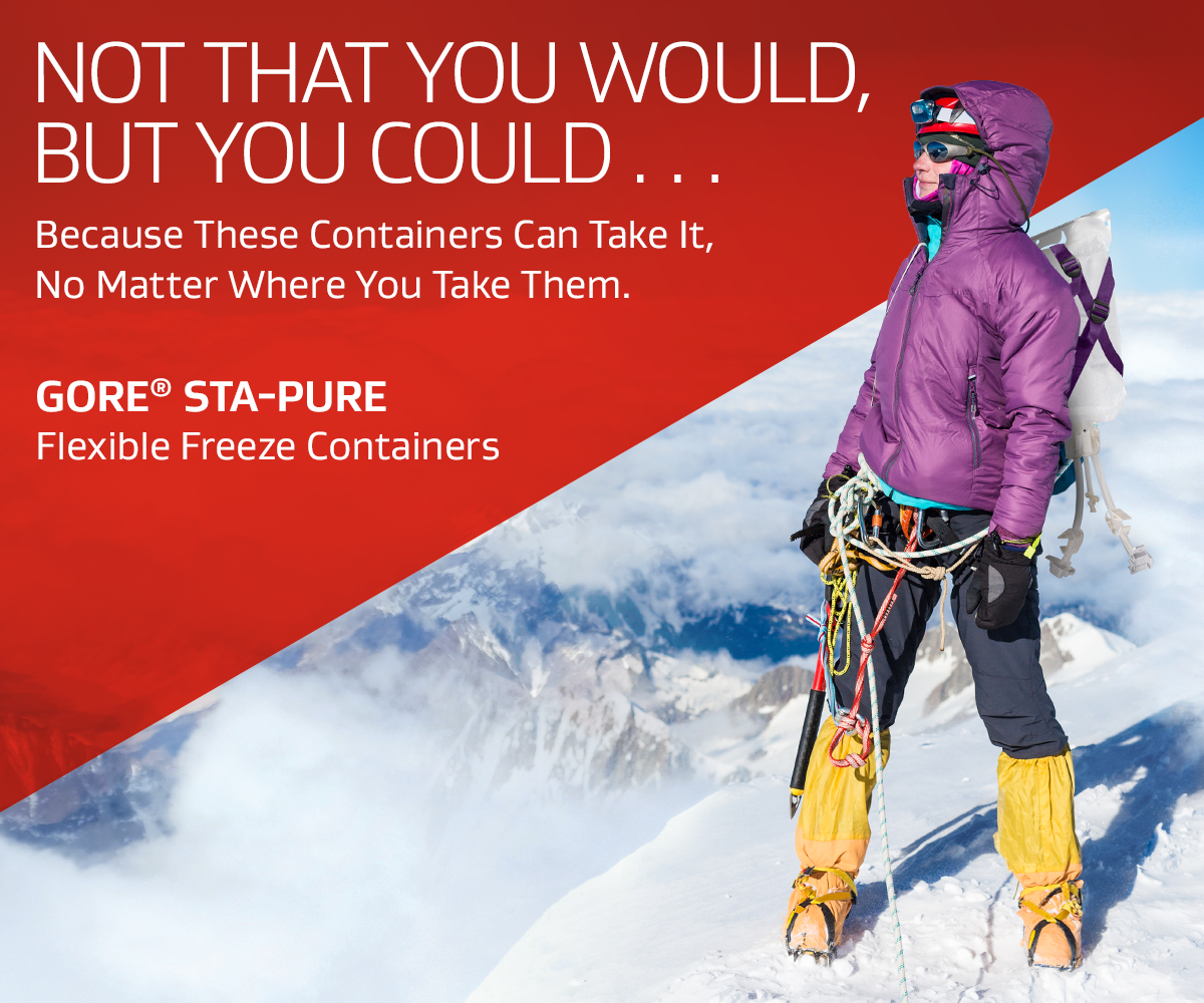 Illustration of mountain climber carrying GORE STA-PURE Flexible Freeze Container on his back.