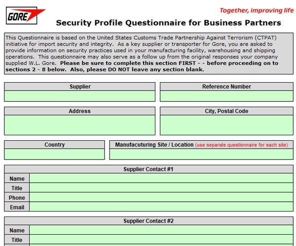 Master CTPAT Provider Security Questionnaire