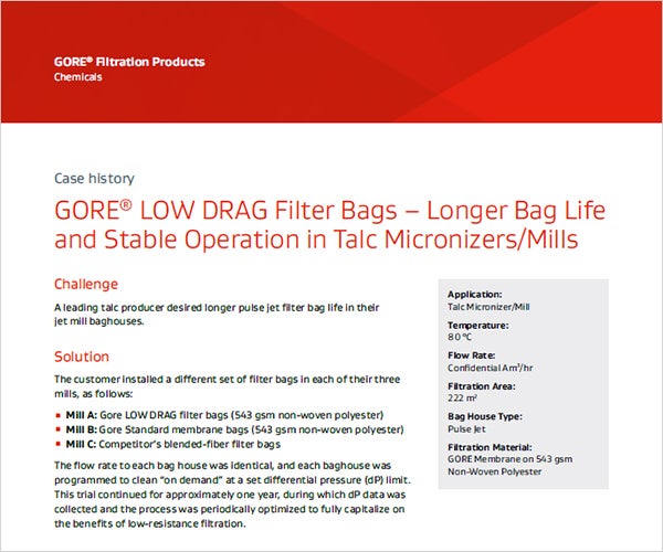 Image of front page of the Case Study of GORE® LOW DRAG Filter Bags – Longer Bag Life and Stable Operation in Talc Micronizers/Mills