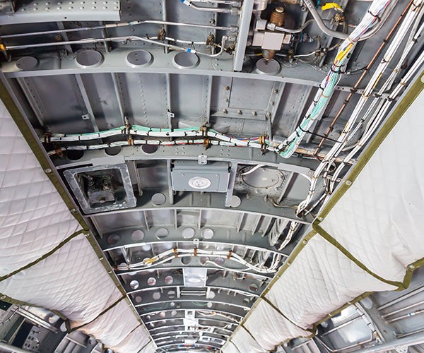 Image of cables installed in a commercial airliner.