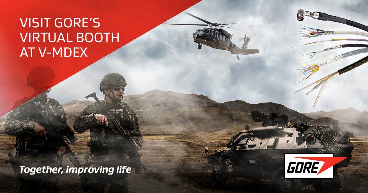 Image of soldiers with defense land vehicles and helicopters | Visit Gore's virtual booth at V-MDEX!