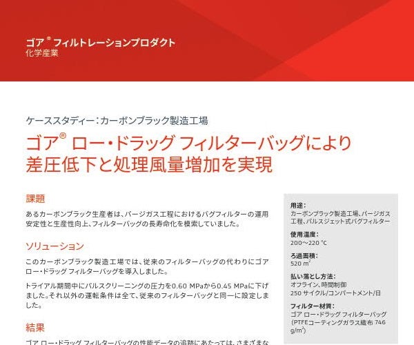 ケーススタディー：カーボンブラック製造工場、ゴア® ロー・ドラッグ フィルターバッグにより差圧低下と処理風量増加を実現