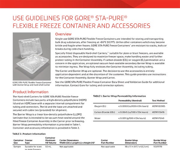 Thumbnail image of use guidelines document for GORE® STA-PURE™ Flexible Freeze Container
