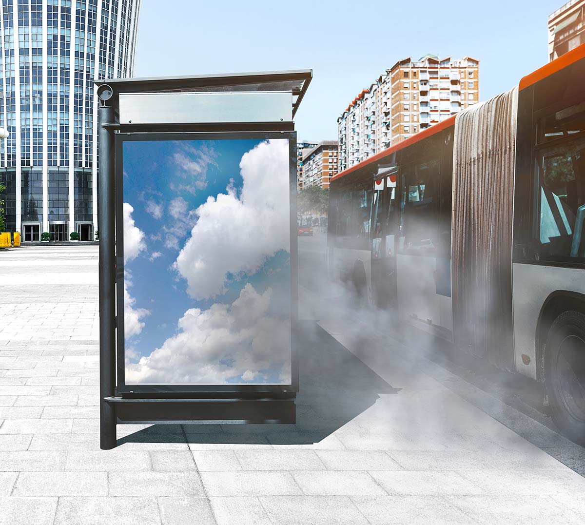 Digital signage at a bus stop in a cloud of pollution from traffic.