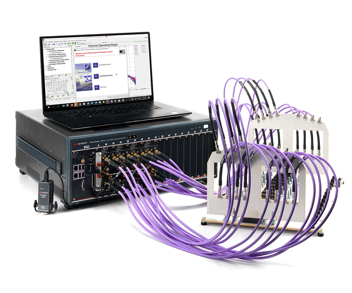 Gore’s phase & amplitude stable cable assemblies connected to Keysight M9804A Multiport Test System.