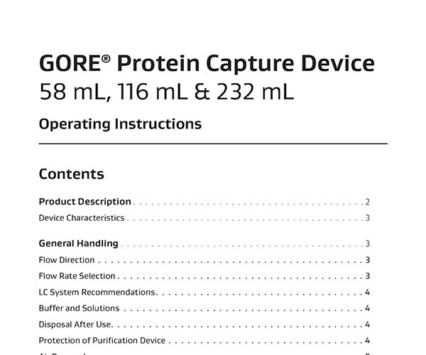 Operating Instructions: GORE Protein Capture Device for 58mL, 116 mL, and 232 mL