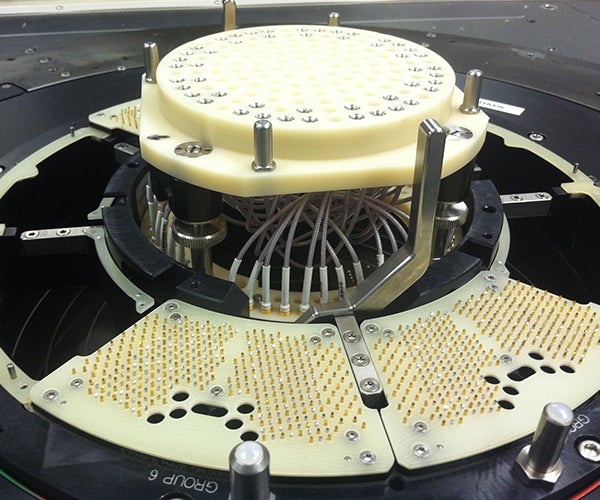 GORE Microwave/RF Assemblies, General Purpose connected to a semiconductor wafer test load board.
