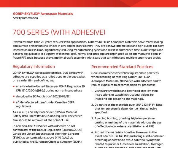 Safety information for GORE® SKYFLEX® Aerospace Materials, 700 Series