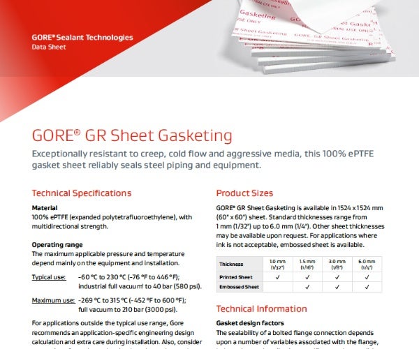 Data sheet for GORE® GR Sheet Gasketing