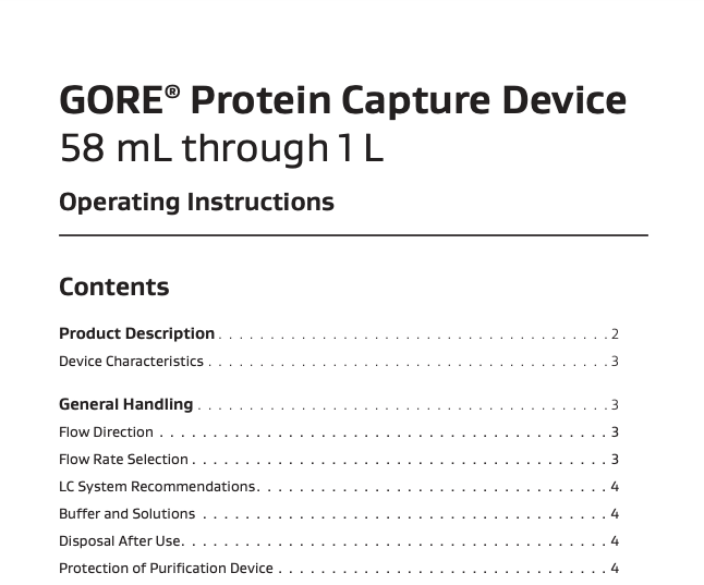 Operating Instructions: GORE® Protein Capture Device for 58 mL through 1 L