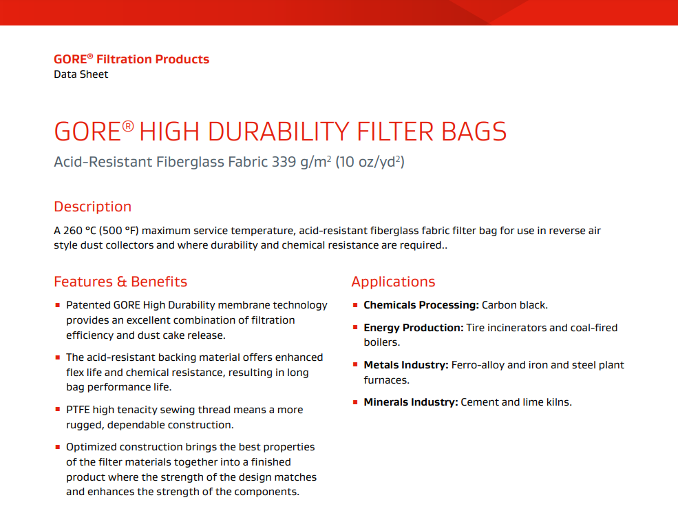 Data Sheet: Fiberglass Fabric High Durability Filter Bag