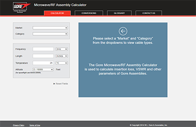 Screen shot of cable assembly calculator tool