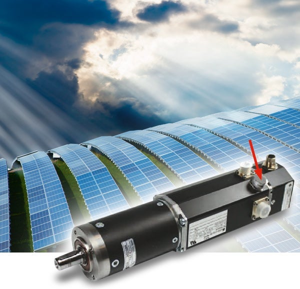 image of a solar tracking device over solar panels and clouds in the background