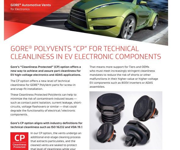 GORE® POLYVENTS “CP” FOR TECHNICAL CLEANLINESS IN EV ELECTRONIC COMPONENTS
