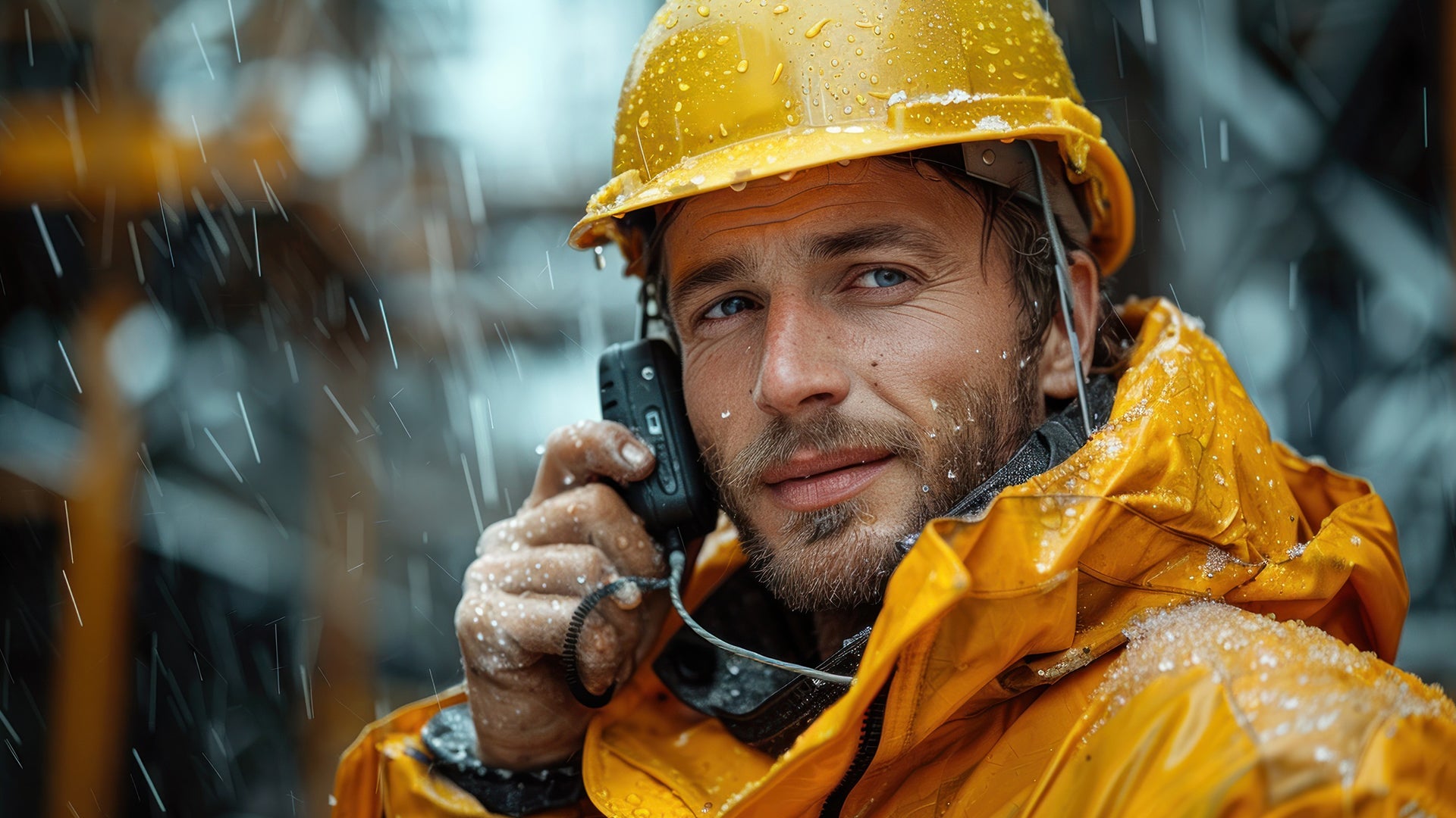 Construction worker holding walkie talkie to his ear
