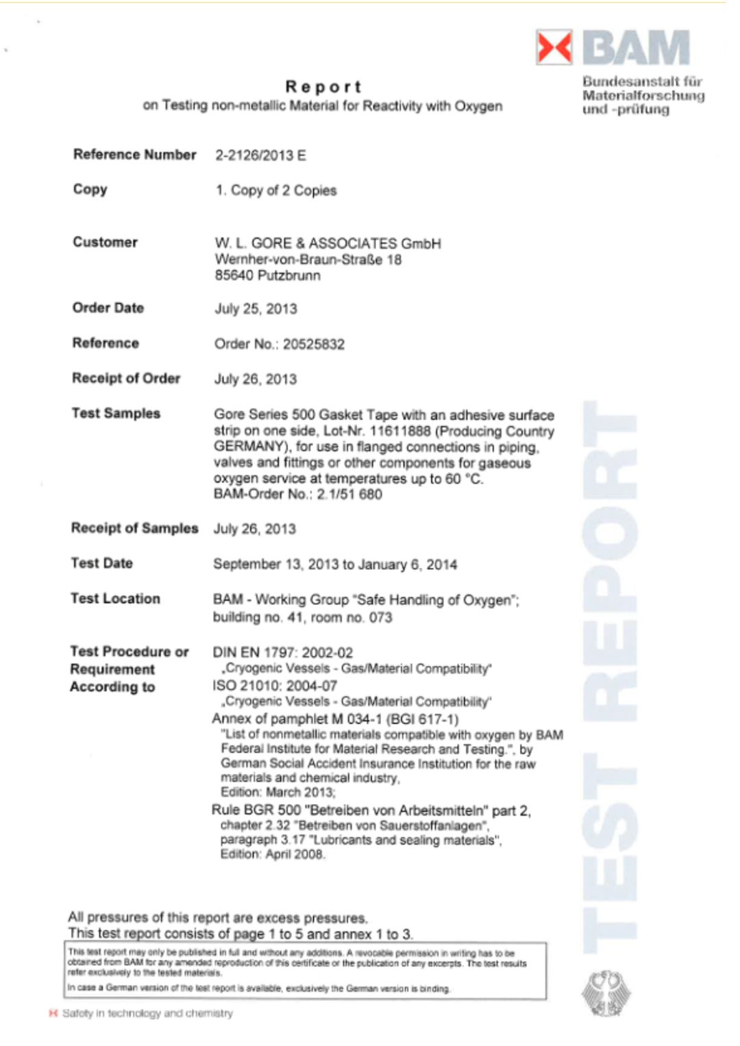GORE Gasket Tape Series 500: Oxygen Service (BAM) Report