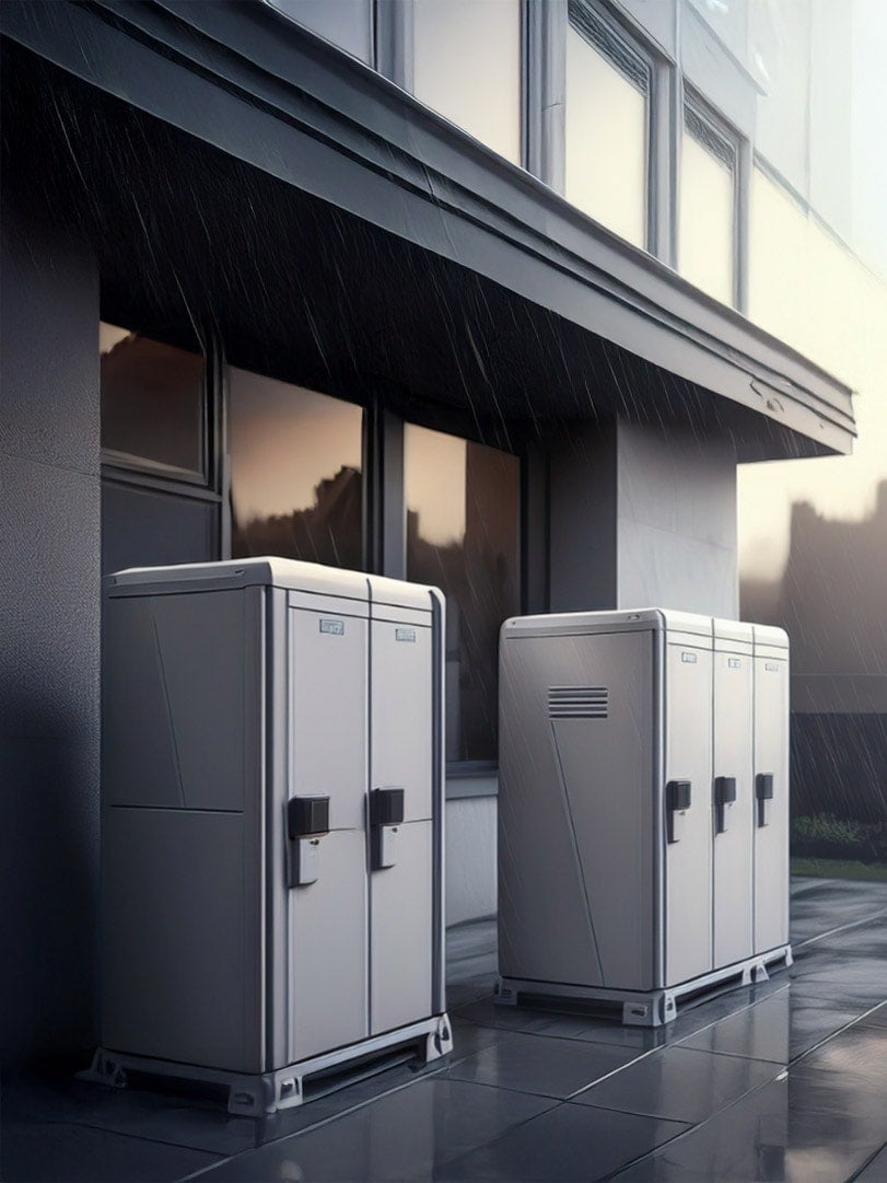 Two battery enclosures near a home 