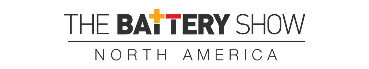 The Battery Show logo stylized so the Ts are positive and negative icons. Text reads: The Battery Show North America