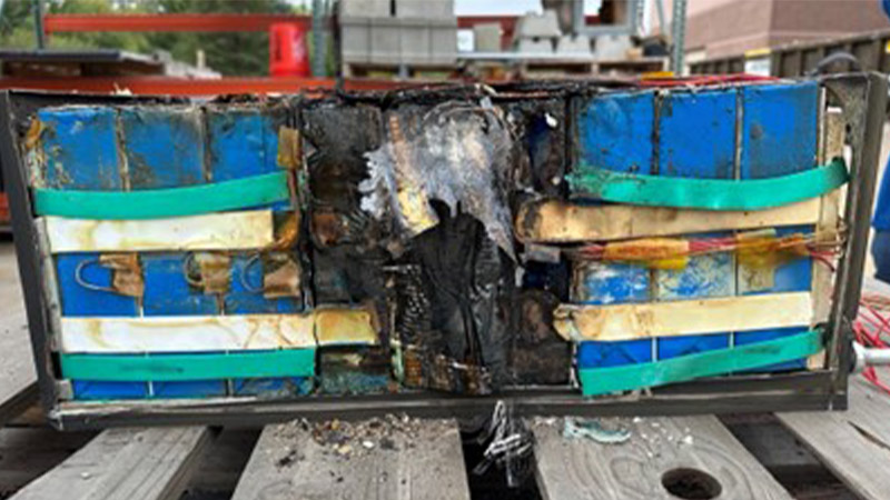 A large burnt-out battery cells