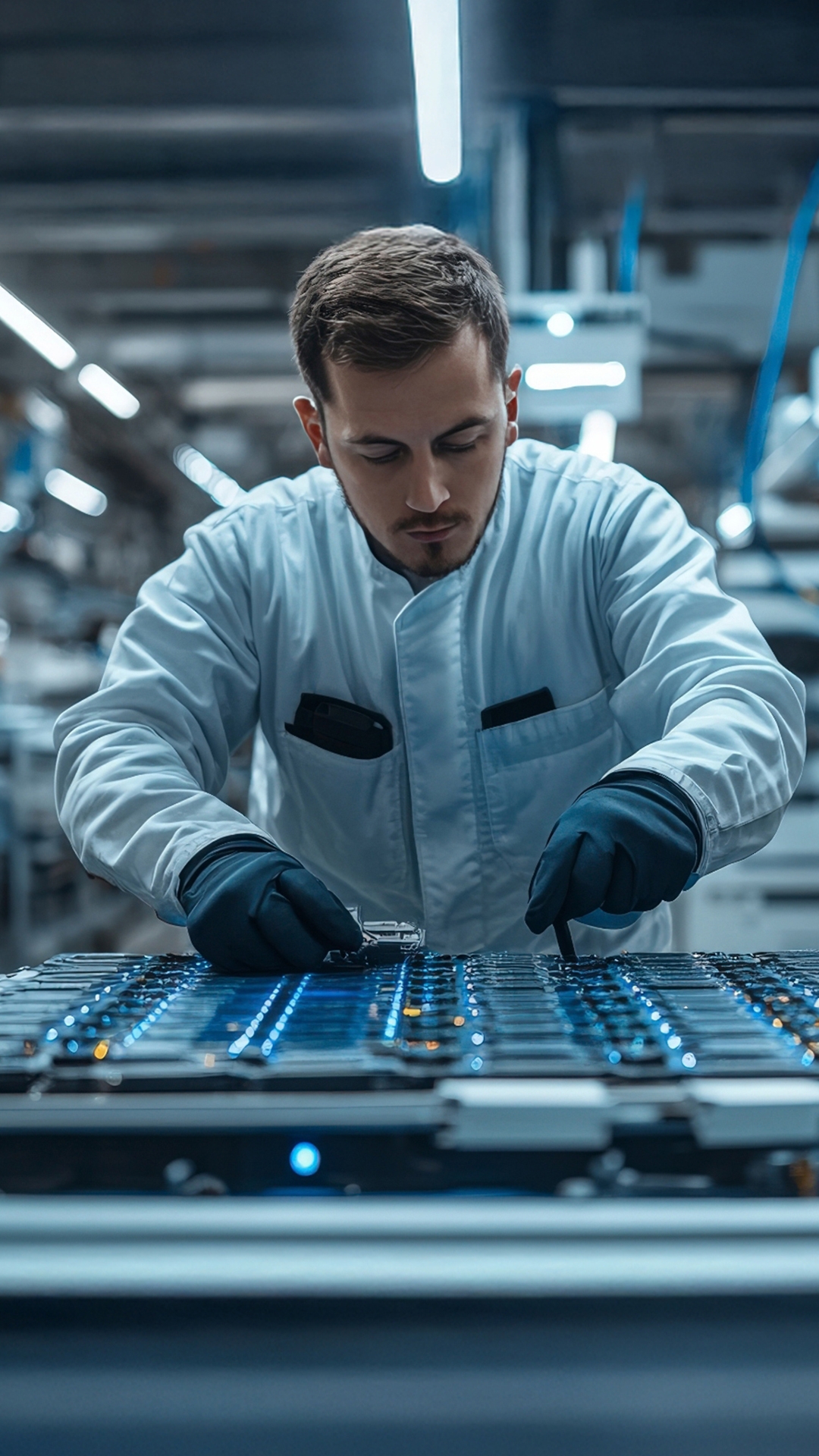 A person in a white lab coat and black gloves is working on an electronic circuit board in a factory setting. 