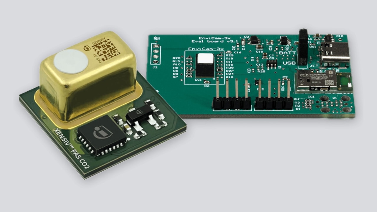 Close up of two sensors in front of a gray background