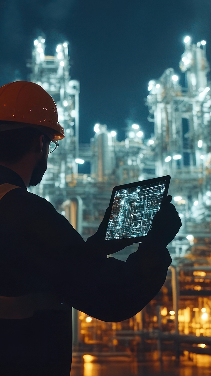 A worker in a hard hat uses a tablet in an illuminated industrial setting at night