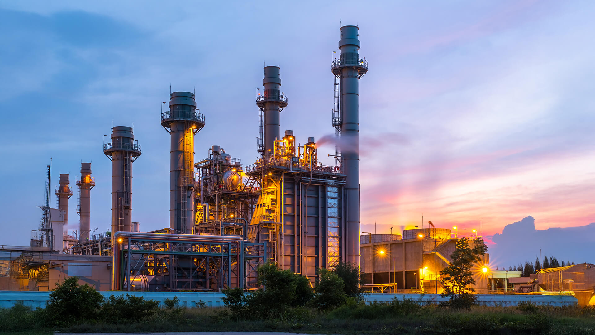 Power plants at twilight, industrial and transportation