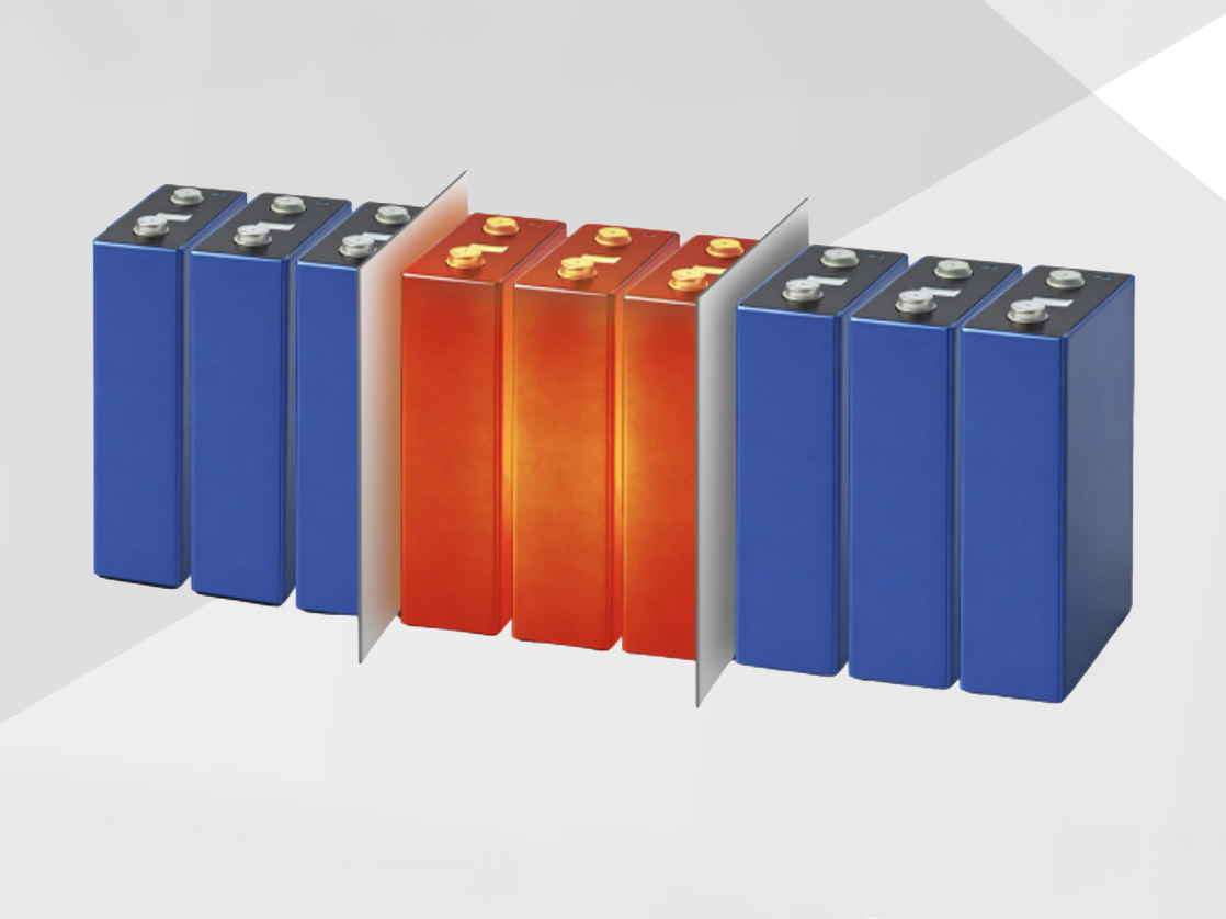 Illustration of a row of battery cells showing thermal runaway propagation. Three center cells glow red to represent overheating, while surrounding cells remain blue. Thin insulating barrier panels are placed between groups of cells to prevent heat from spreading to neighboring batteries.