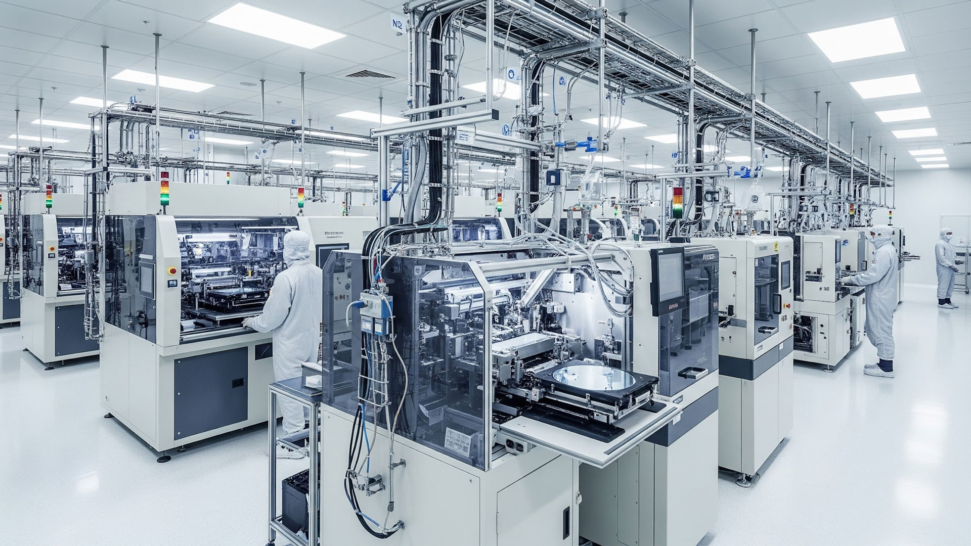 A cleanroom manufacturing facility with workers dressed in white protective suits (bunny suits) operating automated machinery. The brightly lit room features rows of precision industrial equipment with overhead piping systems labeled "N₂" (nitrogen), traffic-light-style signal towers, and a large circular wafer chuck visible in the foreground, consistent with semiconductor or advanced electronics fabrication.