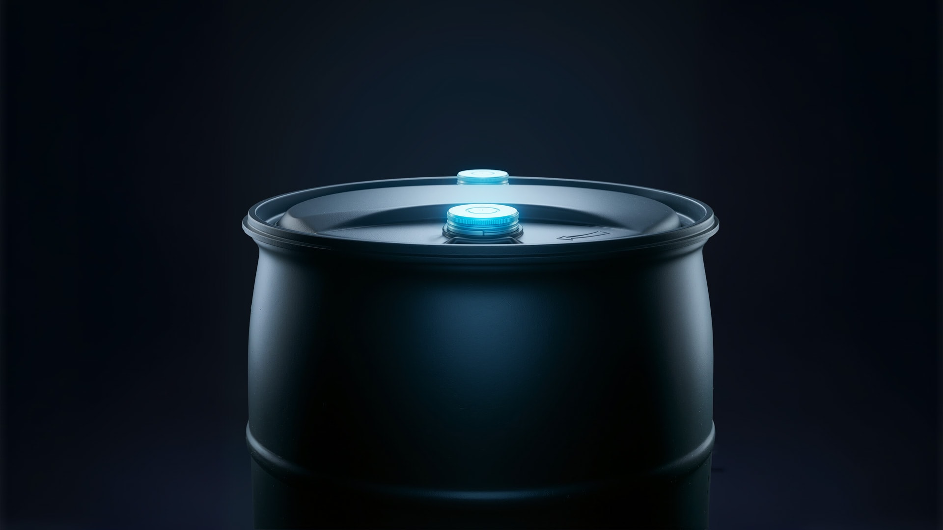 Black industrial drum with a flat lid featuring two blue packaging vent caps, set against a dark gradient background with soft lighting highlighting its smooth surface