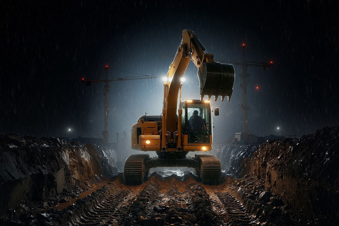 a large yellow excavator digging in a muddy trench at night