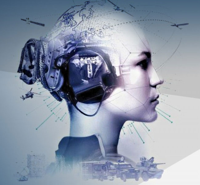 Futuristic defense technology concept art featuring a humanoid figure with military equipment and global network imagery