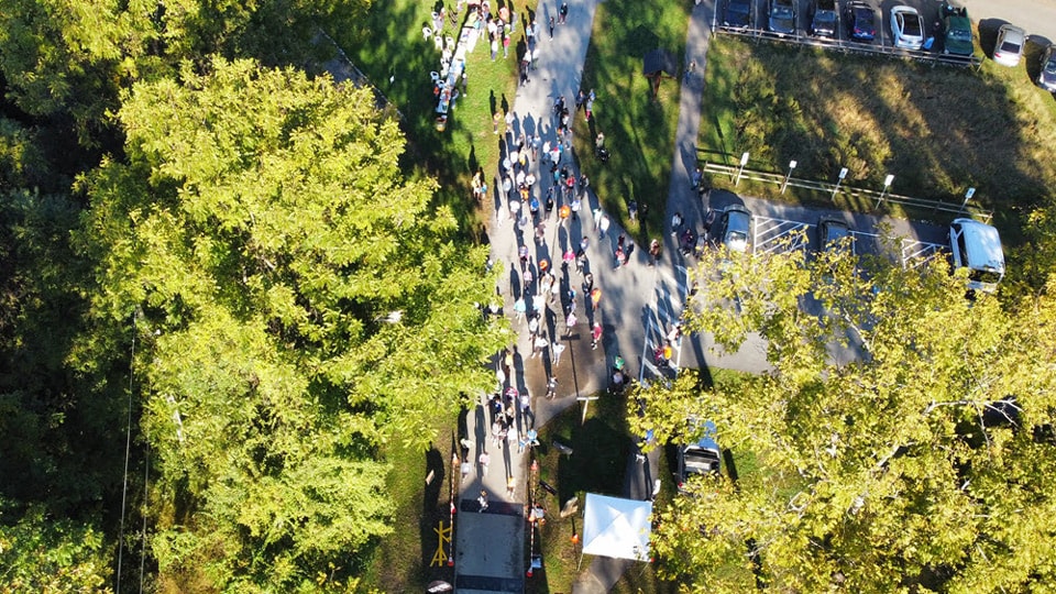 Aerial view of a large group of people walking along a paved path through a wooded park area, with parked cars and event tents visible nearby.