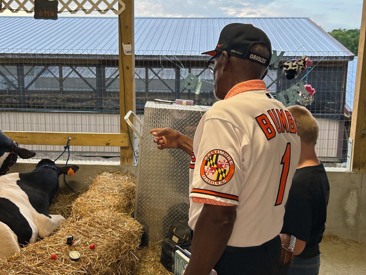 Al Bumbry, wearing a Baltimore Orioles jersey and cap, points toward dairy cows inside a livestock barn while visiting the animal exhibits at the Cecil County Fair.