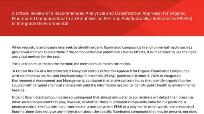 A screen shot of the first page of Gore's analytical approach to measuring PFAS document.