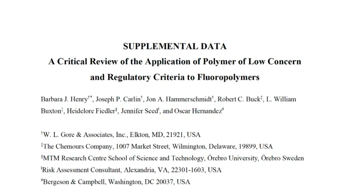 First page of Supplemental Data: A Critical Review of the Application of Polymers of Low Concern and Regulatory Criteria to Fluoropolymers