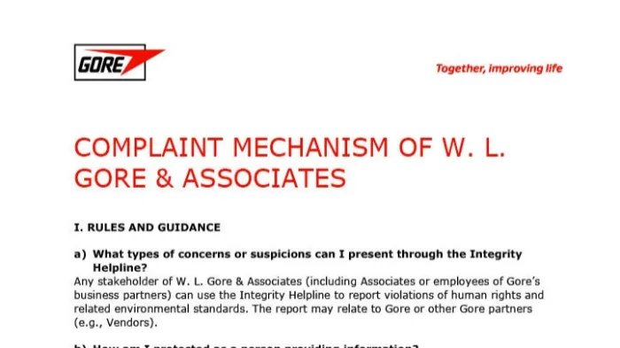 Image of W. L. Gore & Associates Complaint Mechanism