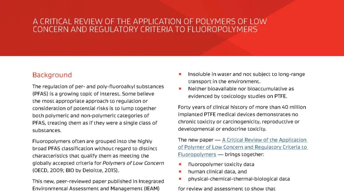 First page of a Critical Review of the Application of Polymers of Low Concern and Regulatory Criteria to Fluoropolymers