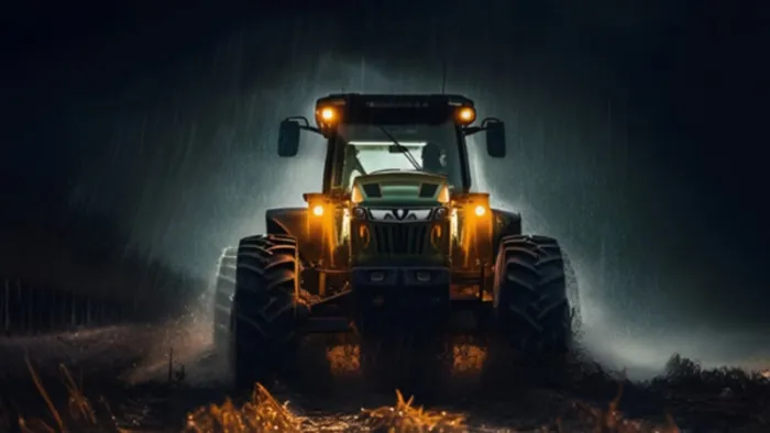 Tractor at night with lights on.